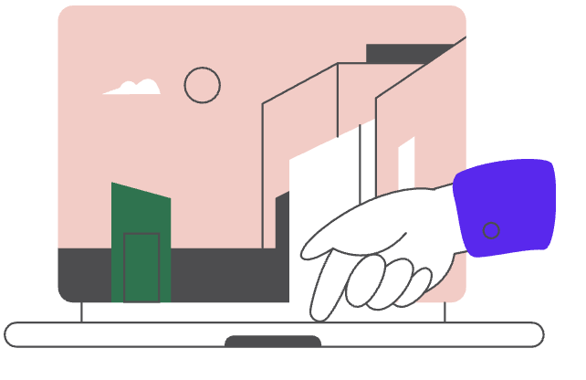 Laptop with a finger pointing to the keyboard