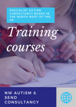 A promotional graphic for the organisation's training courses, featuring a background photo of a young child writing, overlaid with the text "Training courses" and a banner reading "Specialist autism consultancy based in the North West of the UK."