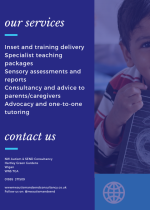 A promotional graphic listing the organisation's services - including training delivery, specialist teaching packages, sensory assessments, parent consultancy, and one-to-one tutoring — alongside contact details, with a background photo of a young child and the organisation's address and social media handle.