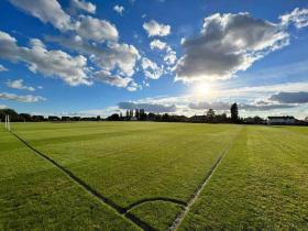 A wide angle picture shows a football pitch with immaculate grass on a sunny day.